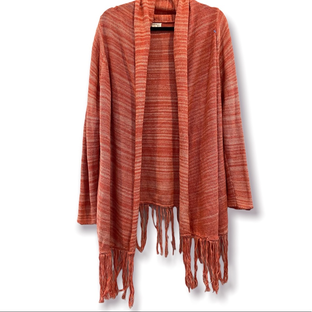 SUN & SHADOW Cardigan Orange Longline Open Front Fringe Trim Medium
